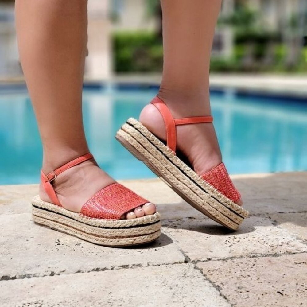 Trendy Coral Espadrille Wedge Sandals Open Toe Faux Leather - Picture 2 of 4